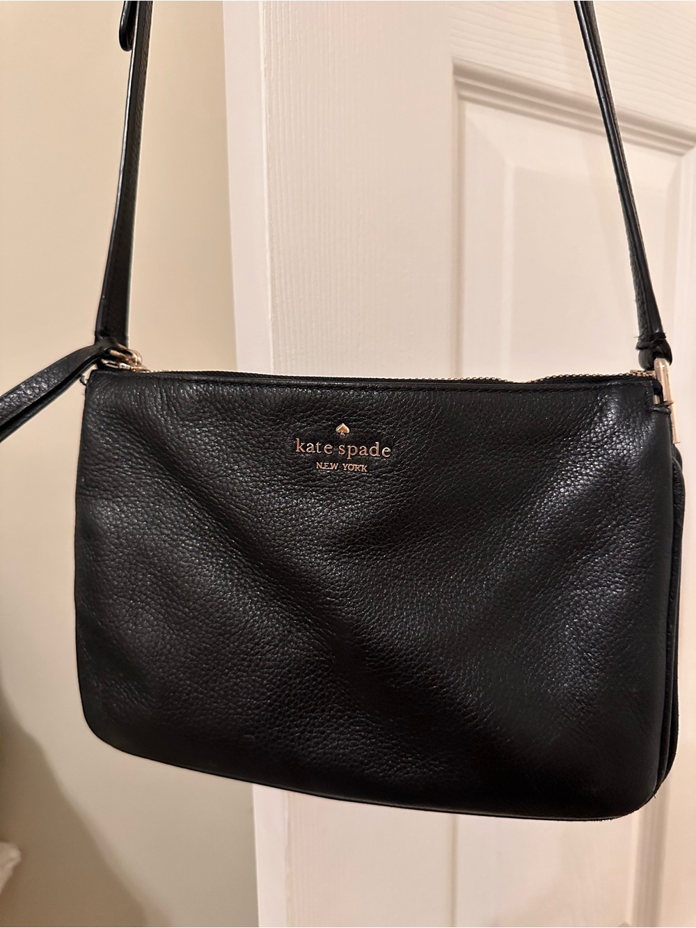kate spade Black Pebbled Leather Zip Crossbody with Gold Logo